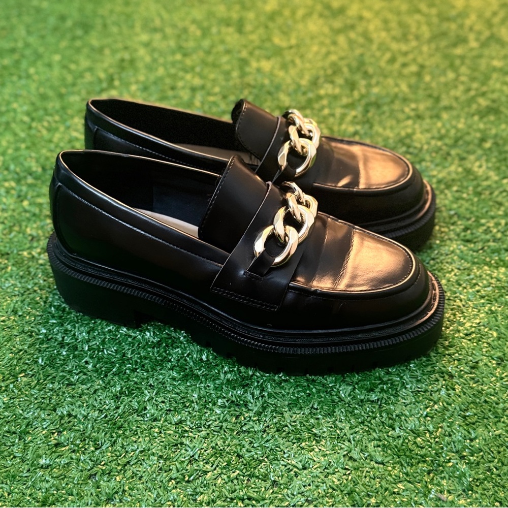 H&M Black Chain Leather Slip On Preppy Chunky Platform Loafers Shoes 9